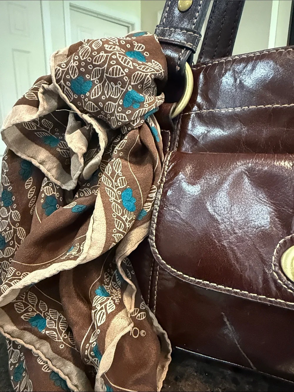 Vintage Apt. 9 Glossy Brown Dome Satchel Bag with Vintage Scarf Accent